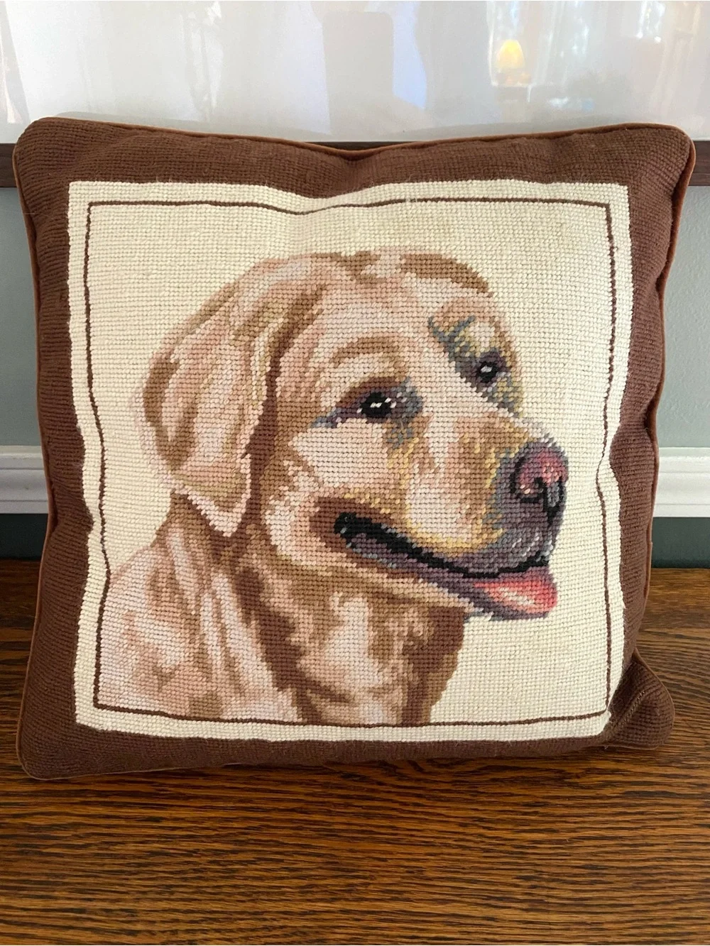 Yellow Labrador Retriever Needlepoint Throw Pillow Brown Velvet